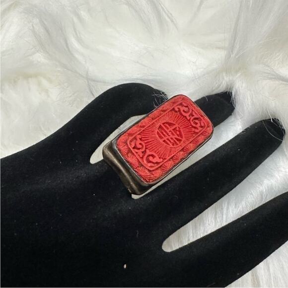 Vintage HUGE Japanese Kanji solid sterling silver heavy carved Red Cinnabar Ring - Picture 2 of 5